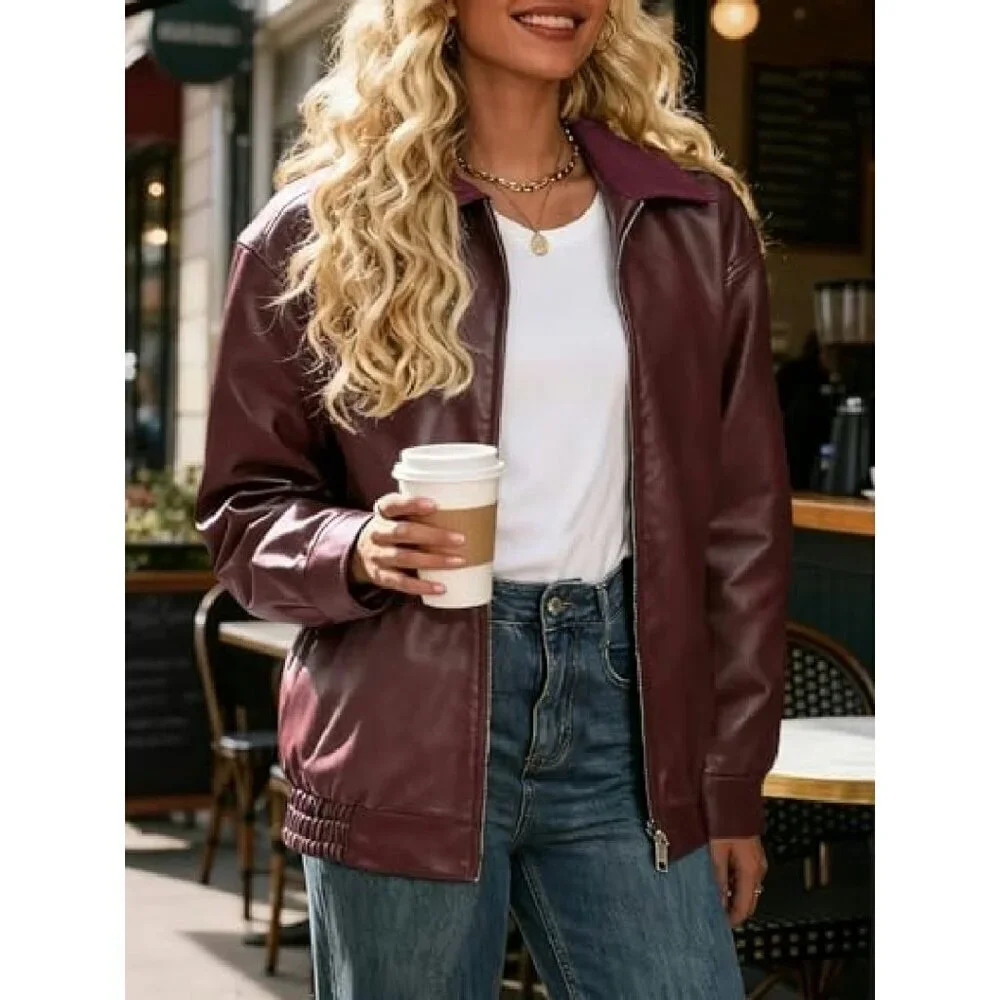 Oversized Faux Leather Motorcycle Jacket Women's Windproof Bomber